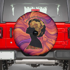 Léopold Sédar Senghor Spare Tire Cover Femme Noire Silhouette with Africa Map Pattern Vibrant Swirl Background - African Pride