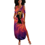 Léopold Sédar Senghor Summer Maxi Dress Femme Noire Silhouette with Africa Map Pattern Vibrant Swirl Background - African Pride