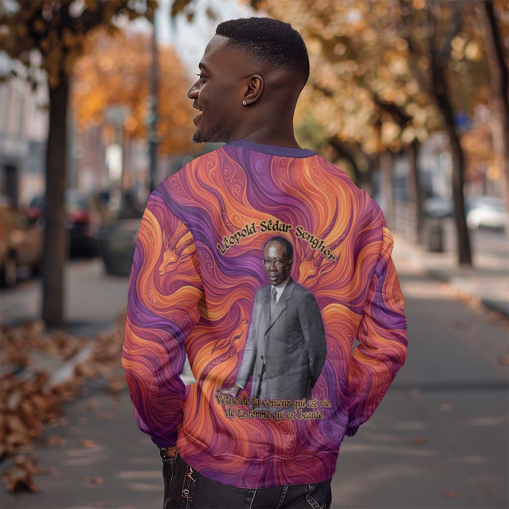 Léopold Sédar Senghor Sweatshirt Femme Noire Silhouette with Africa Map Pattern Vibrant Swirl Background - African Pride