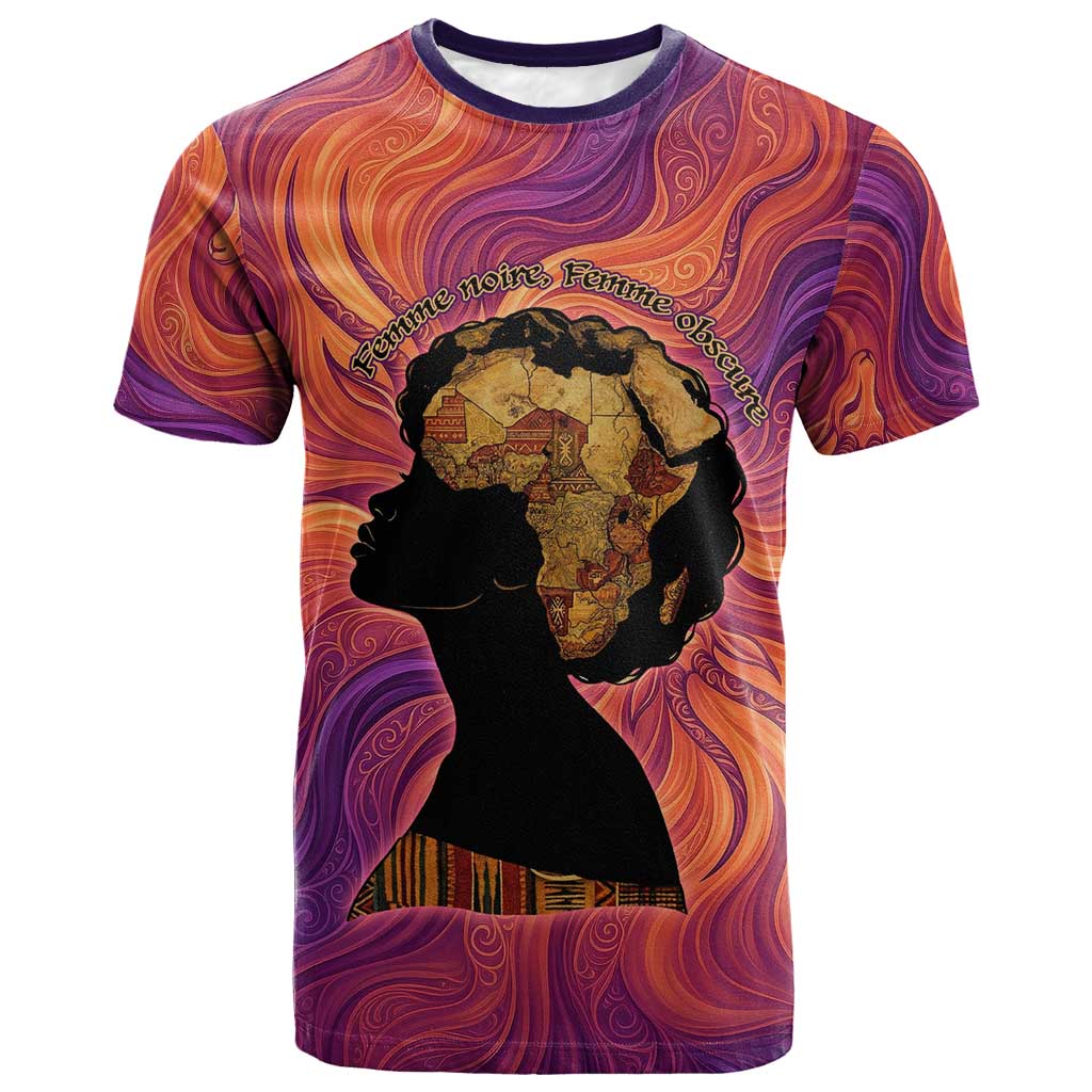 Léopold Sédar Senghor T shirt Femme Noire Silhouette with Africa Map Pattern Vibrant Swirl Background - African Pride