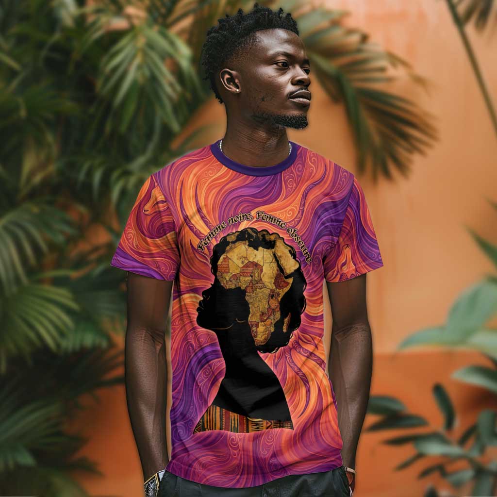 Léopold Sédar Senghor T shirt Femme Noire Silhouette with Africa Map Pattern Vibrant Swirl Background - African Pride