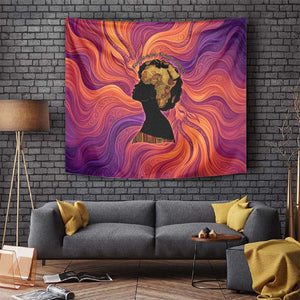 Léopold Sédar Senghor Tapestry Femme Noire Silhouette with Africa Map Pattern Vibrant Swirl Background - African Pride