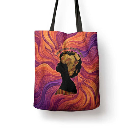 Léopold Sédar Senghor Tote Bag Femme Noire Silhouette with Africa Map Pattern Vibrant Swirl Background - African Pride