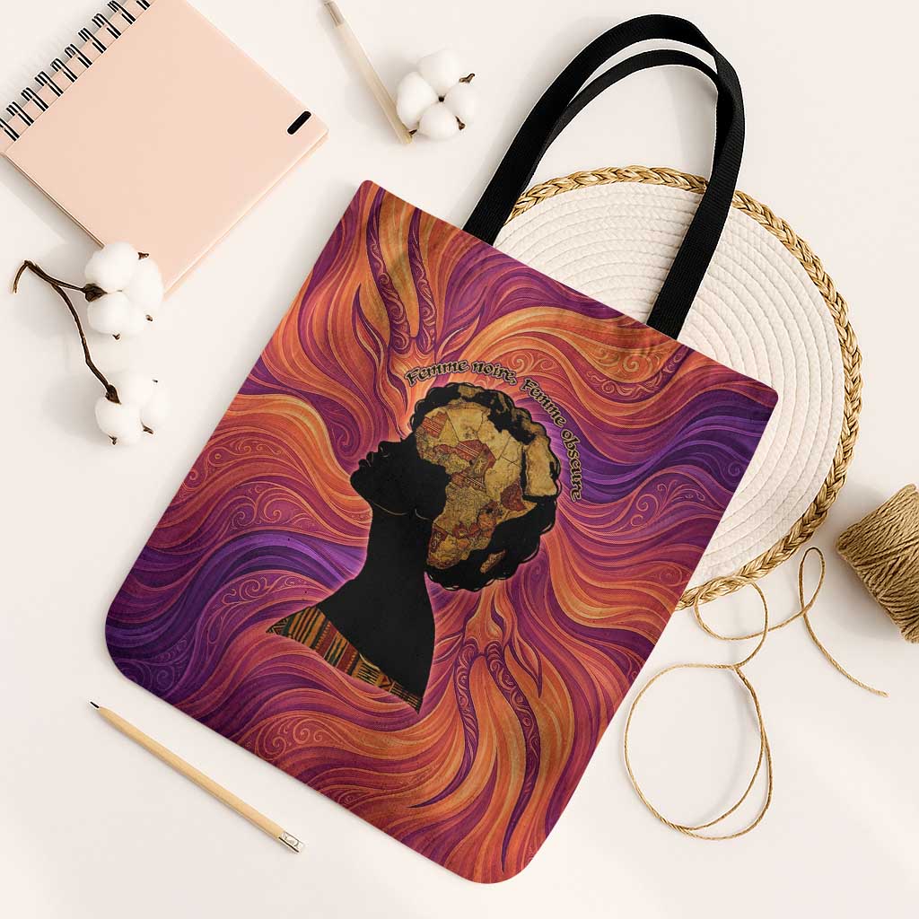 Léopold Sédar Senghor Tote Bag Femme Noire Silhouette with Africa Map Pattern Vibrant Swirl Background - African Pride