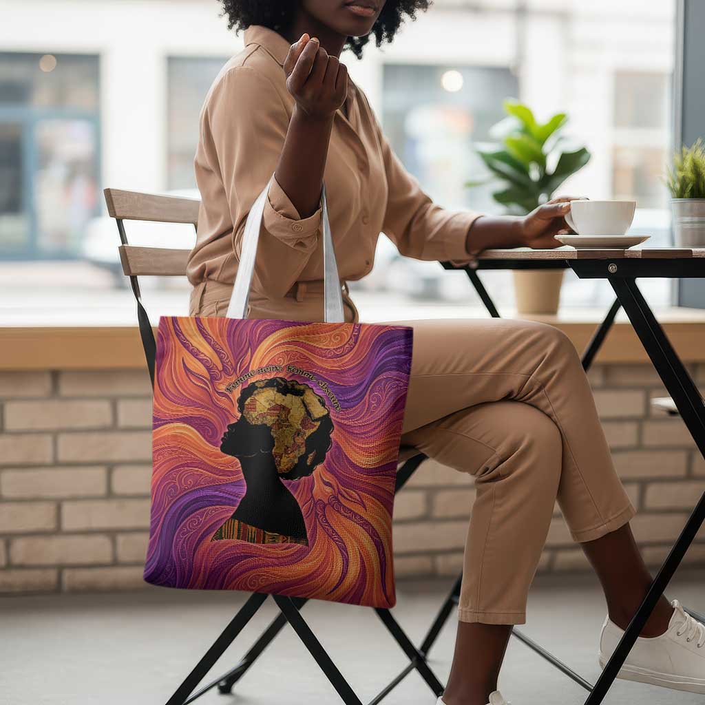 Léopold Sédar Senghor Tote Bag Femme Noire Silhouette with Africa Map Pattern Vibrant Swirl Background - African Pride