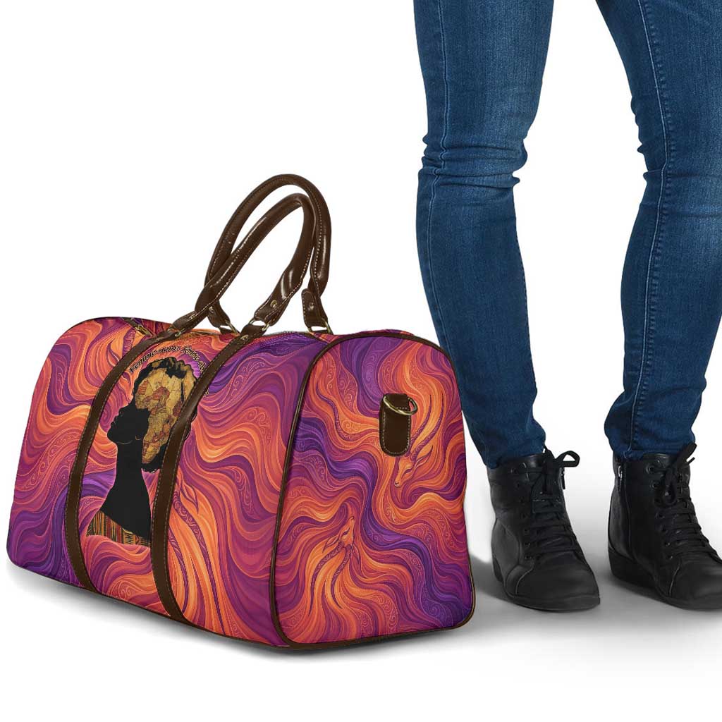 Léopold Sédar Senghor Travel Bag Femme Noire Silhouette with Africa Map Pattern Vibrant Swirl Background - African Pride