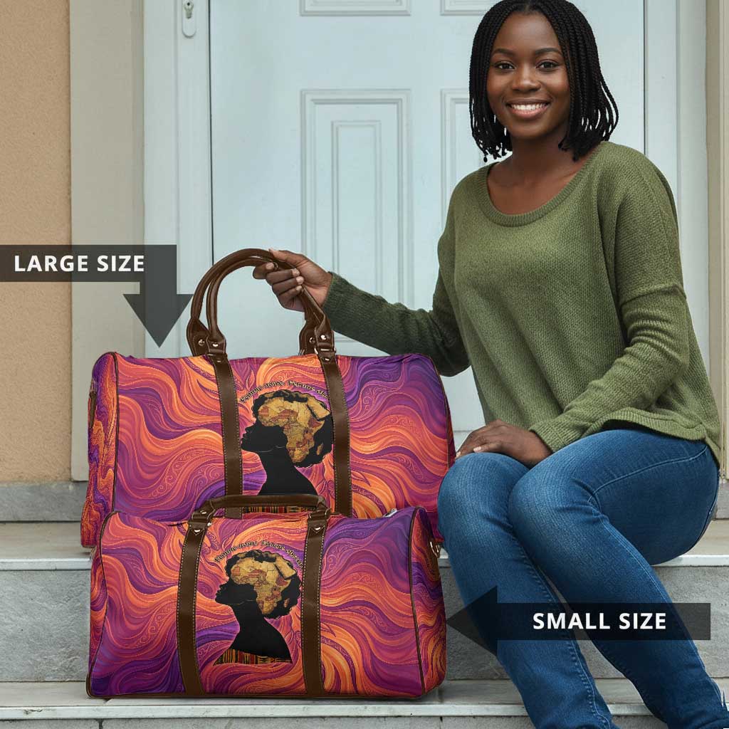 Léopold Sédar Senghor Travel Bag Femme Noire Silhouette with Africa Map Pattern Vibrant Swirl Background - African Pride