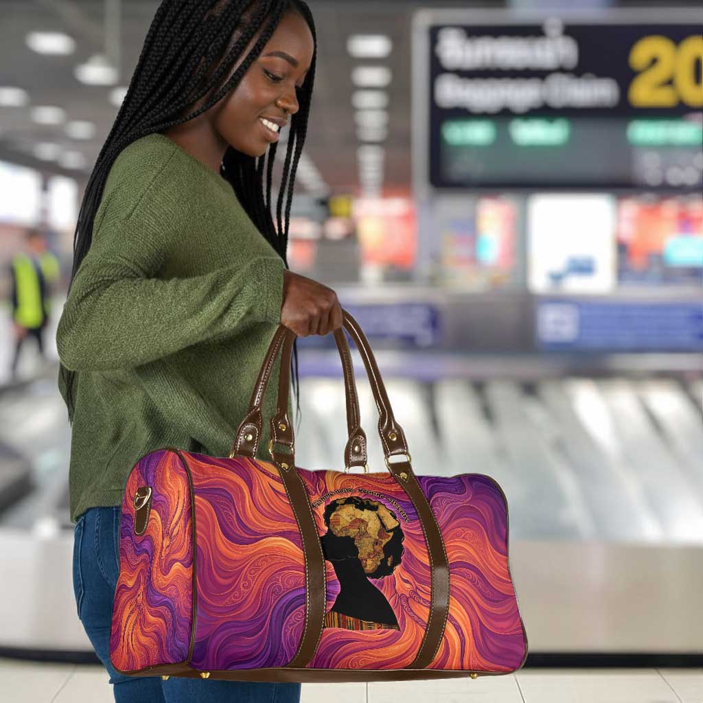 Léopold Sédar Senghor Travel Bag Femme Noire Silhouette with Africa Map Pattern Vibrant Swirl Background - African Pride