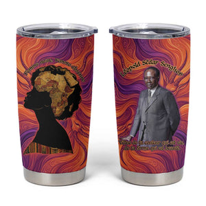 Léopold Sédar Senghor Tumbler Cup Femme Noire Silhouette with Africa Map Pattern Vibrant Swirl Background - African Pride