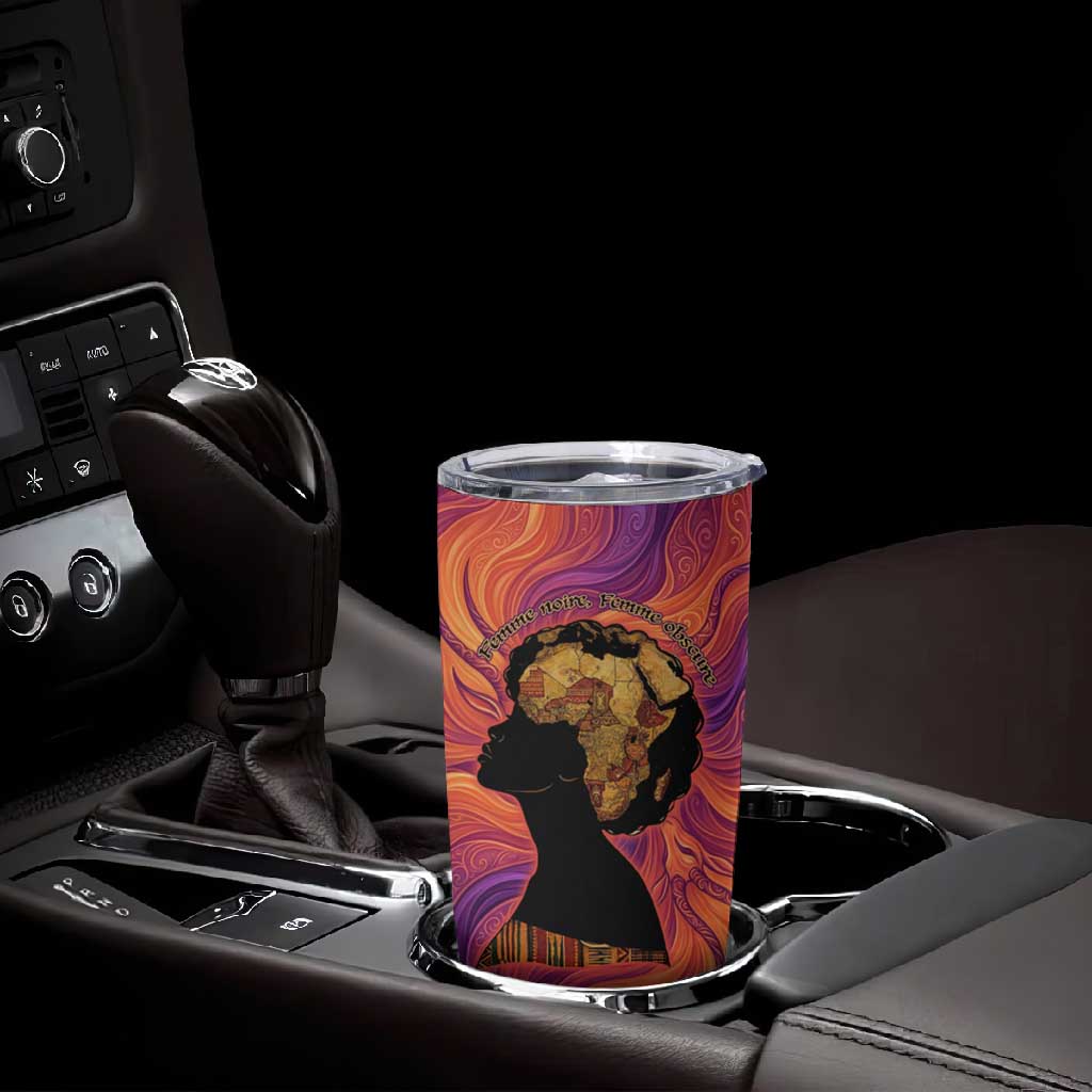 Léopold Sédar Senghor Tumbler Cup Femme Noire Silhouette with Africa Map Pattern Vibrant Swirl Background - African Pride