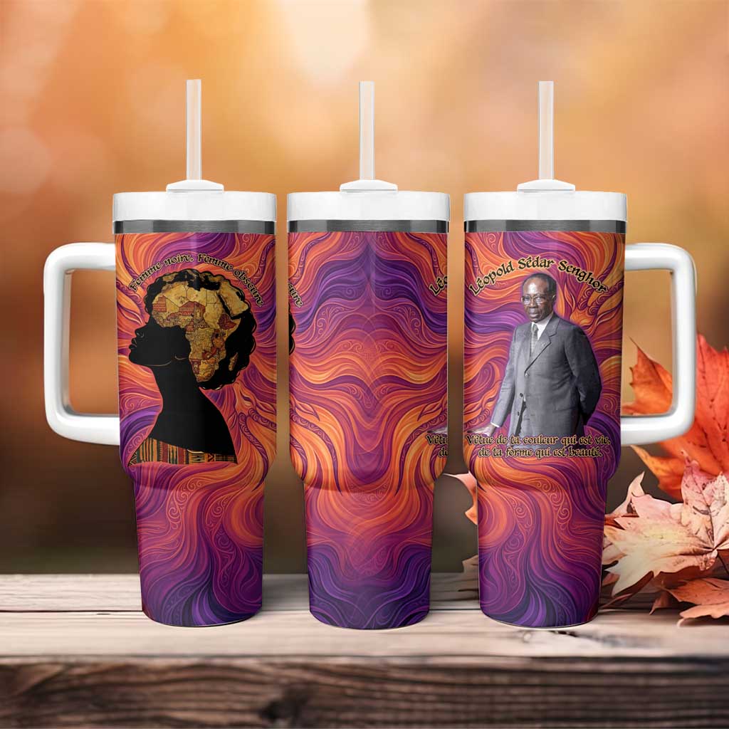 Léopold Sédar Senghor Tumbler With Handle Femme Noire Silhouette with Africa Map Pattern Vibrant Swirl Background - African Pride