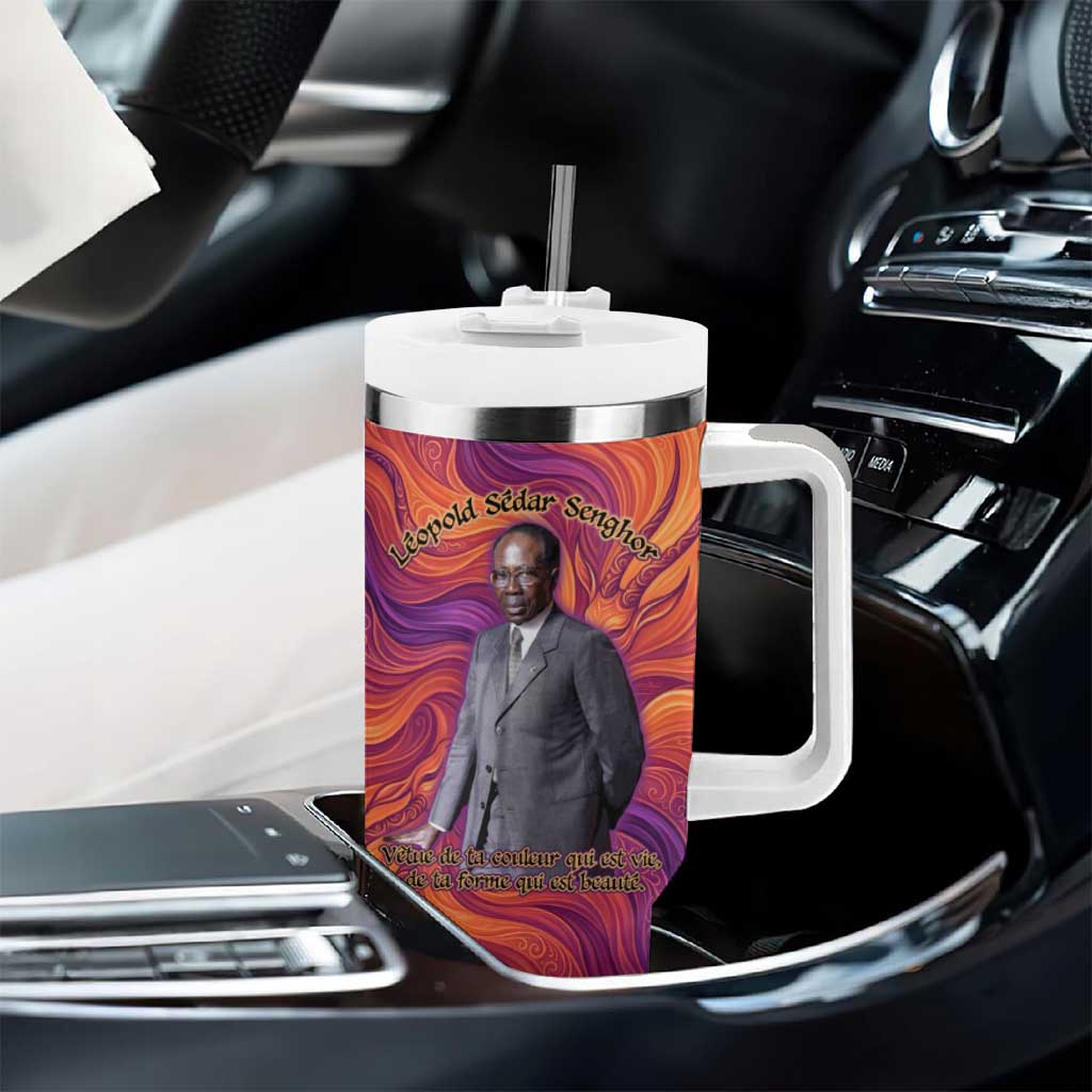 Léopold Sédar Senghor Tumbler With Handle Femme Noire Silhouette with Africa Map Pattern Vibrant Swirl Background - African Pride