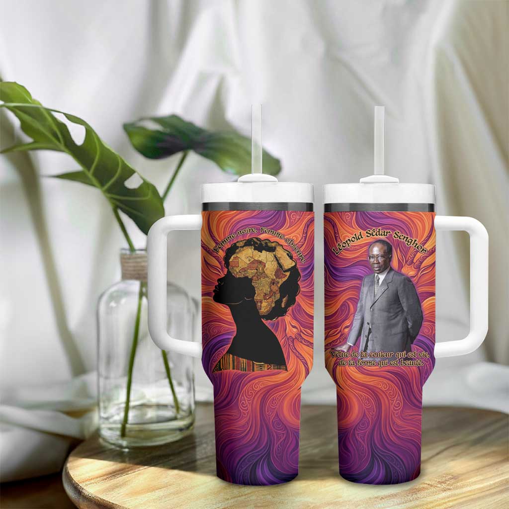 Léopold Sédar Senghor Tumbler With Handle Femme Noire Silhouette with Africa Map Pattern Vibrant Swirl Background - African Pride