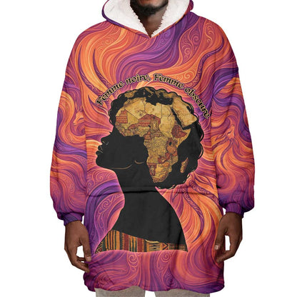 Léopold Sédar Senghor Wearable Blanket Hoodie Femme Noire Silhouette with Africa Map Pattern Vibrant Swirl Background - African Pride