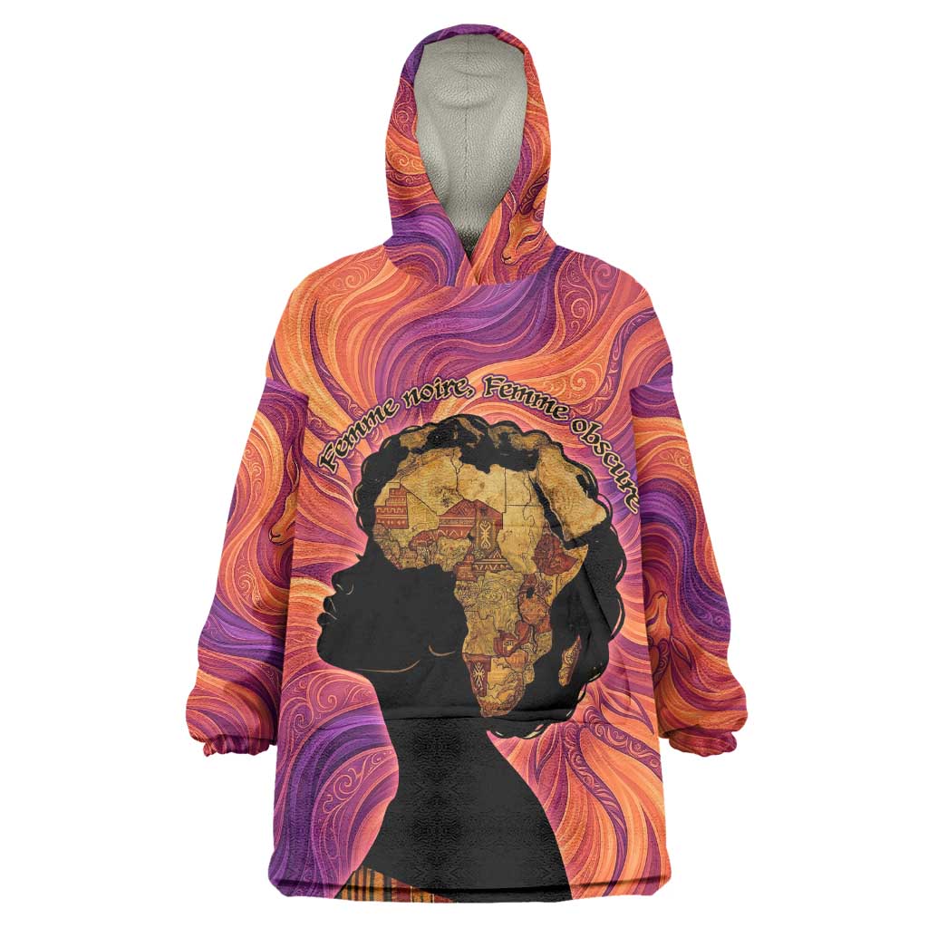 Léopold Sédar Senghor Wearable Blanket Hoodie Femme Noire Silhouette with Africa Map Pattern Vibrant Swirl Background - African Pride