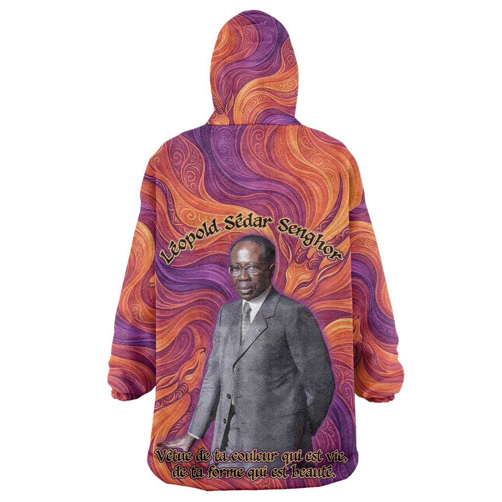 Léopold Sédar Senghor Wearable Blanket Hoodie Femme Noire Silhouette with Africa Map Pattern Vibrant Swirl Background - African Pride