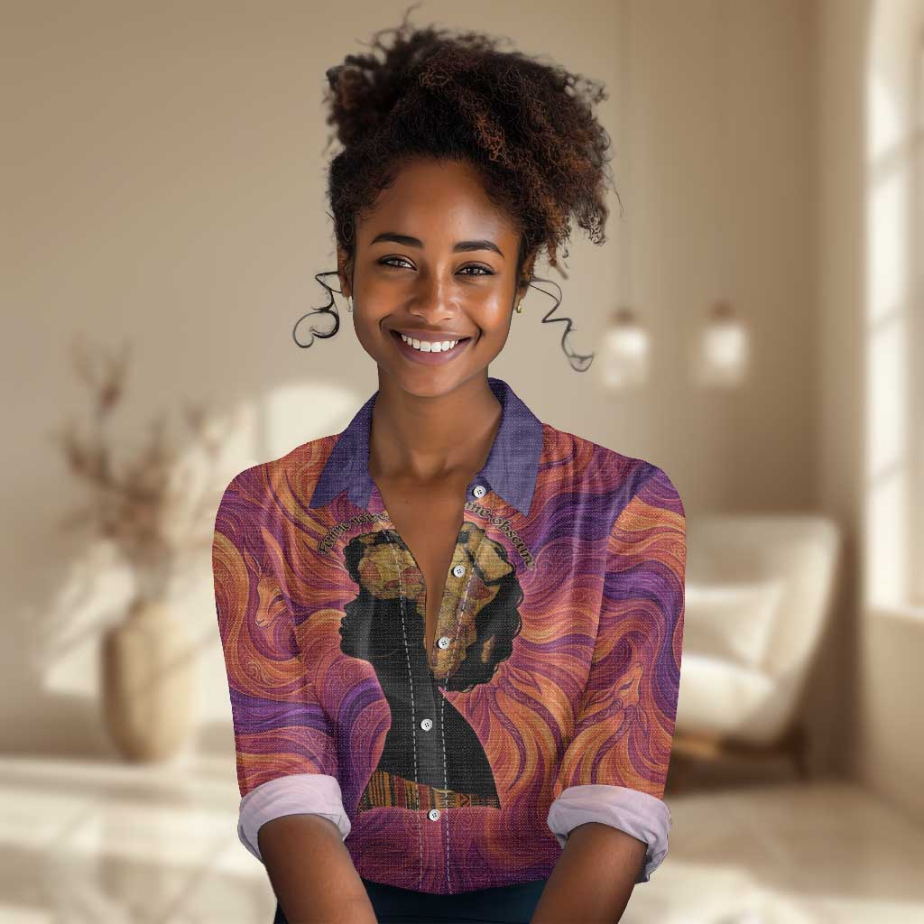 Léopold Sédar Senghor Women Casual Shirt Femme Noire Silhouette with Africa Map Pattern Vibrant Swirl Background - African Pride