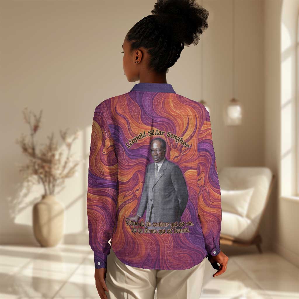 Léopold Sédar Senghor Women Casual Shirt Femme Noire Silhouette with Africa Map Pattern Vibrant Swirl Background - African Pride