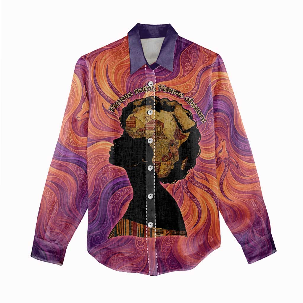 Léopold Sédar Senghor Women Casual Shirt Femme Noire Silhouette with Africa Map Pattern Vibrant Swirl Background - African Pride