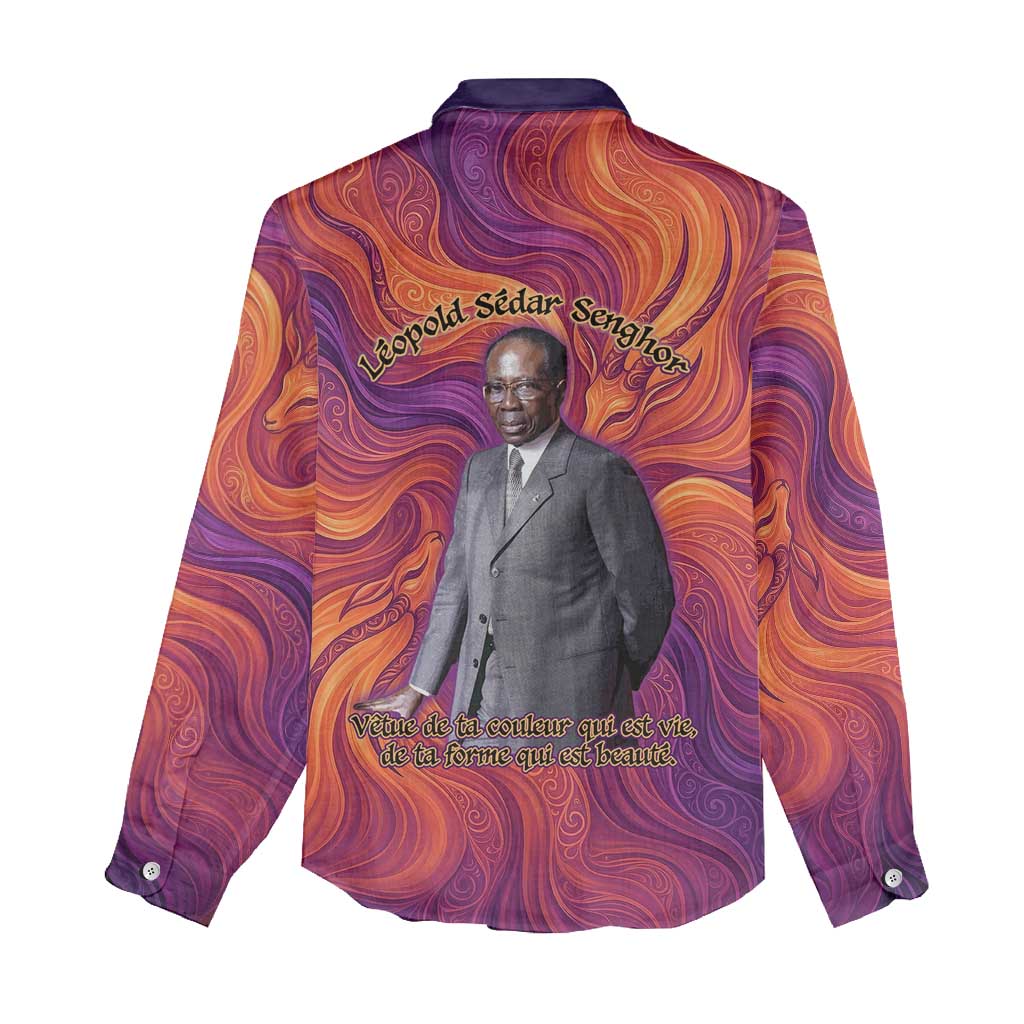 Léopold Sédar Senghor Women Casual Shirt Femme Noire Silhouette with Africa Map Pattern Vibrant Swirl Background - African Pride