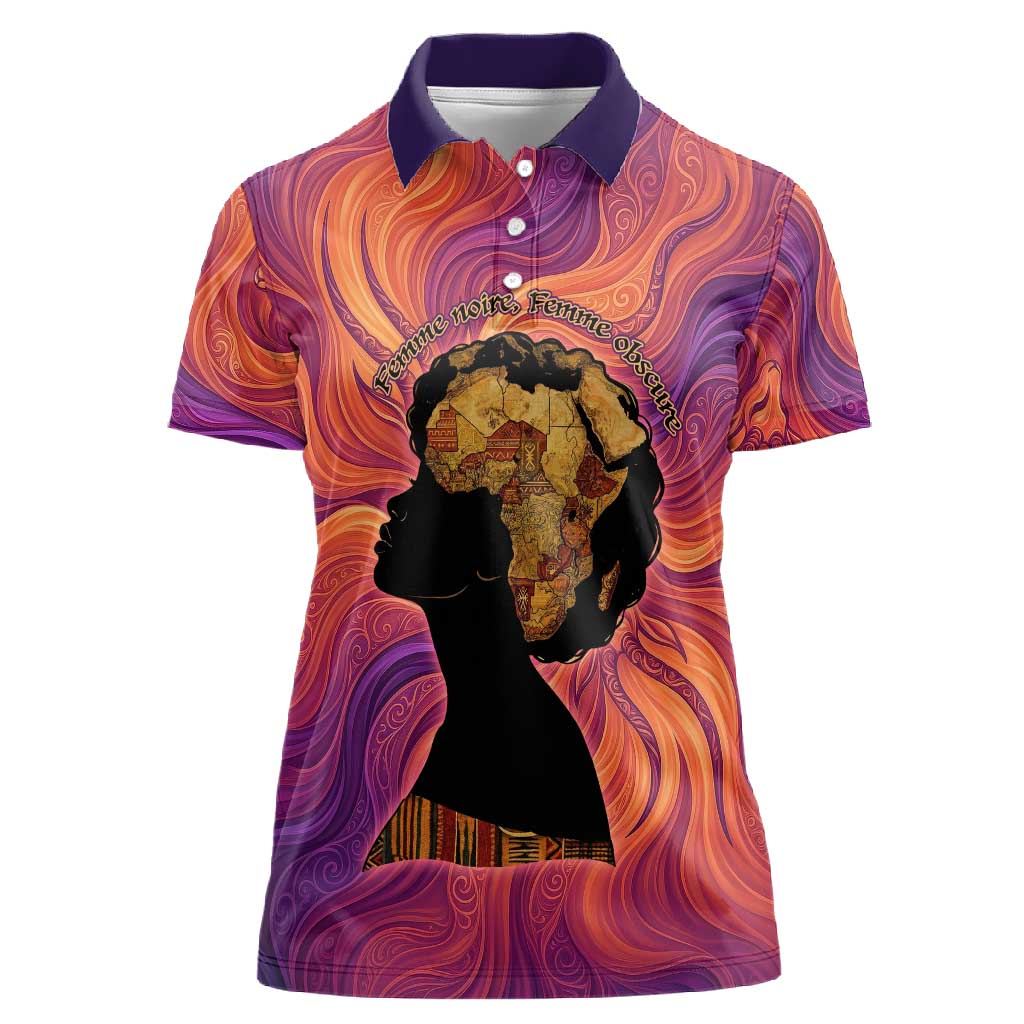 Léopold Sédar Senghor Women Polo Shirt Femme Noire Silhouette with Africa Map Pattern Vibrant Swirl Background - African Pride