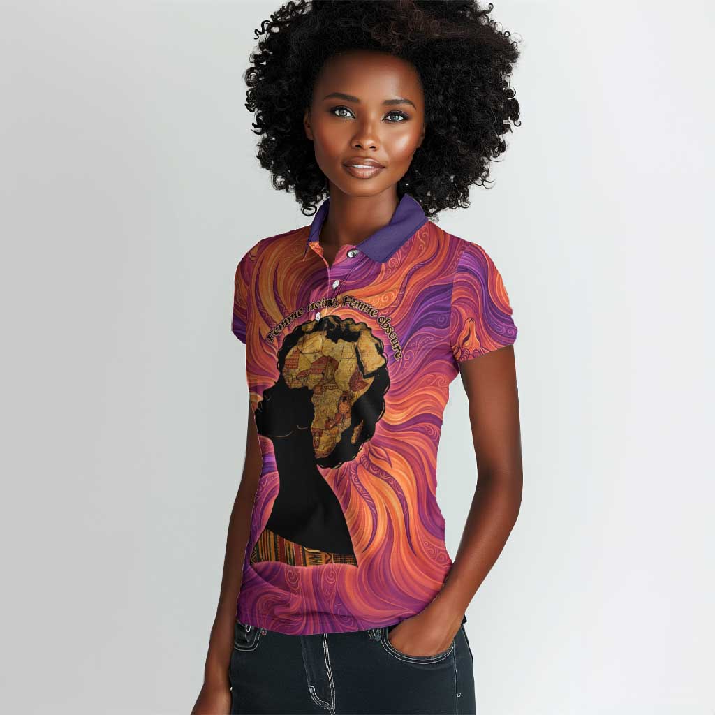 Léopold Sédar Senghor Women Polo Shirt Femme Noire Silhouette with Africa Map Pattern Vibrant Swirl Background - African Pride