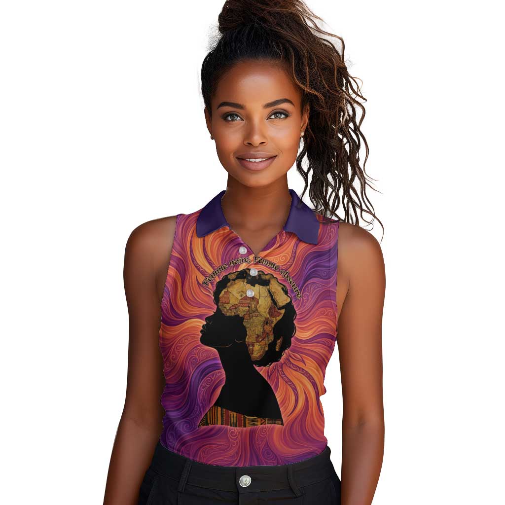 Léopold Sédar Senghor Women Sleeveless Polo Shirt Femme Noire Silhouette with Africa Map Pattern Vibrant Swirl Background - African Pride