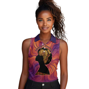 Léopold Sédar Senghor Women Sleeveless Polo Shirt Femme Noire Silhouette with Africa Map Pattern Vibrant Swirl Background - African Pride