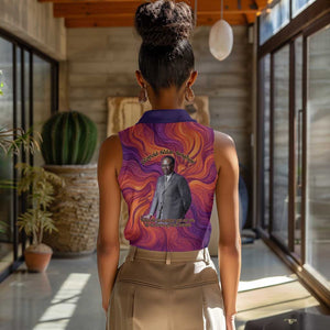 Léopold Sédar Senghor Women Sleeveless Polo Shirt Femme Noire Silhouette with Africa Map Pattern Vibrant Swirl Background - African Pride