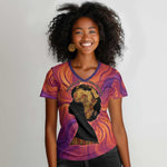 Léopold Sédar Senghor Women V-Neck T-Shirt Femme Noire Silhouette with Africa Map Pattern Vibrant Swirl Background - African Pride
