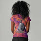 Léopold Sédar Senghor Women V-Neck T-Shirt Femme Noire Silhouette with Africa Map Pattern Vibrant Swirl Background - African Pride