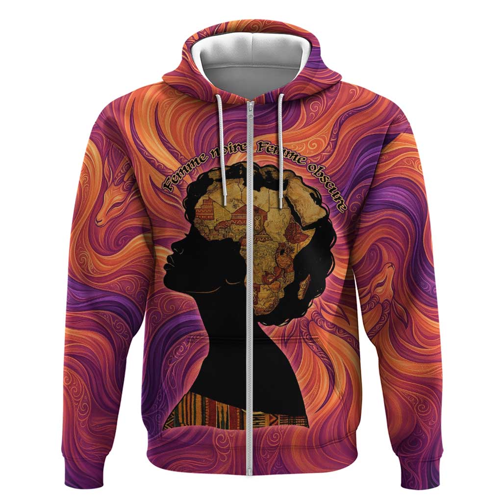 Léopold Sédar Senghor Zip Hoodie Femme Noire Silhouette with Africa Map Pattern Vibrant Swirl Background - African Pride