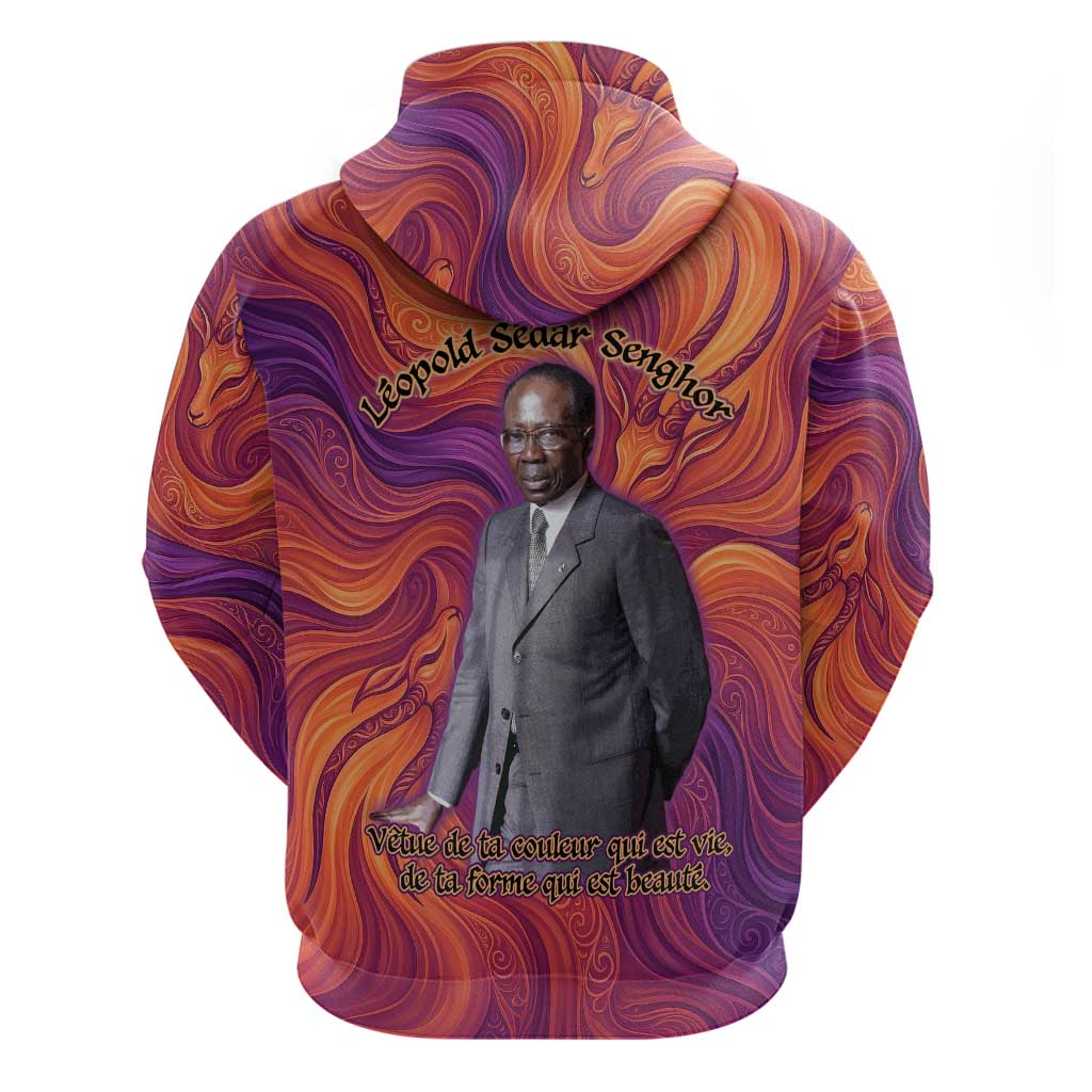 Léopold Sédar Senghor Zip Hoodie Femme Noire Silhouette with Africa Map Pattern Vibrant Swirl Background - African Pride
