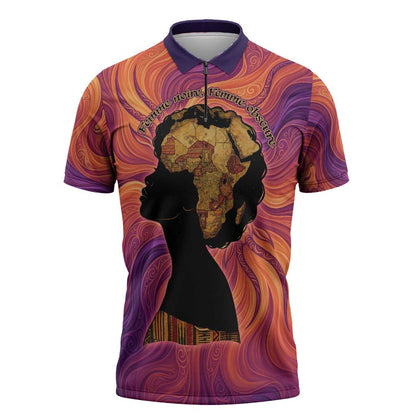 Léopold Sédar Senghor Zipper Polo Shirt Femme Noire Silhouette with Africa Map Pattern Vibrant Swirl Background - African Pride