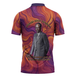 Léopold Sédar Senghor Zipper Polo Shirt Femme Noire Silhouette with Africa Map Pattern Vibrant Swirl Background - African Pride