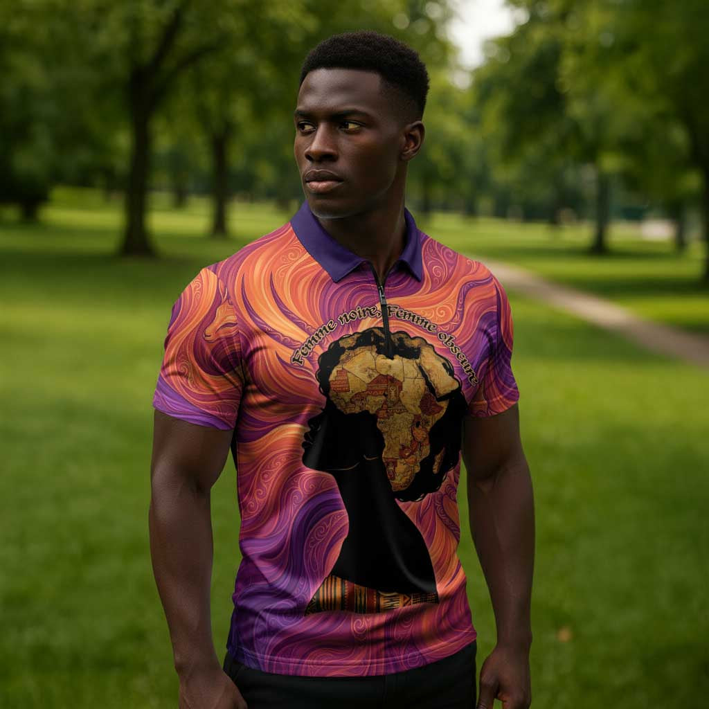 Léopold Sédar Senghor Zipper Polo Shirt Femme Noire Silhouette with Africa Map Pattern Vibrant Swirl Background - African Pride