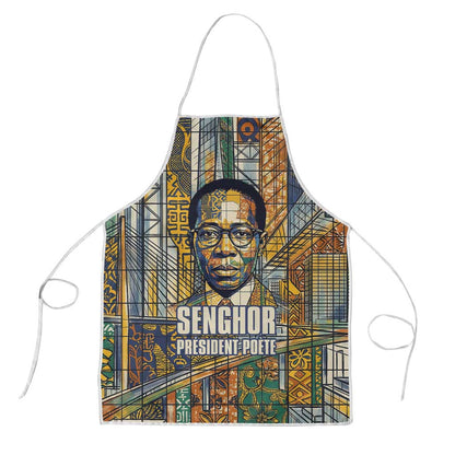 Léopold Sédar Senghor Apron President Poete Portrait Futuristic African Robotic Handshake Earth and Flowers Unity - African Pride