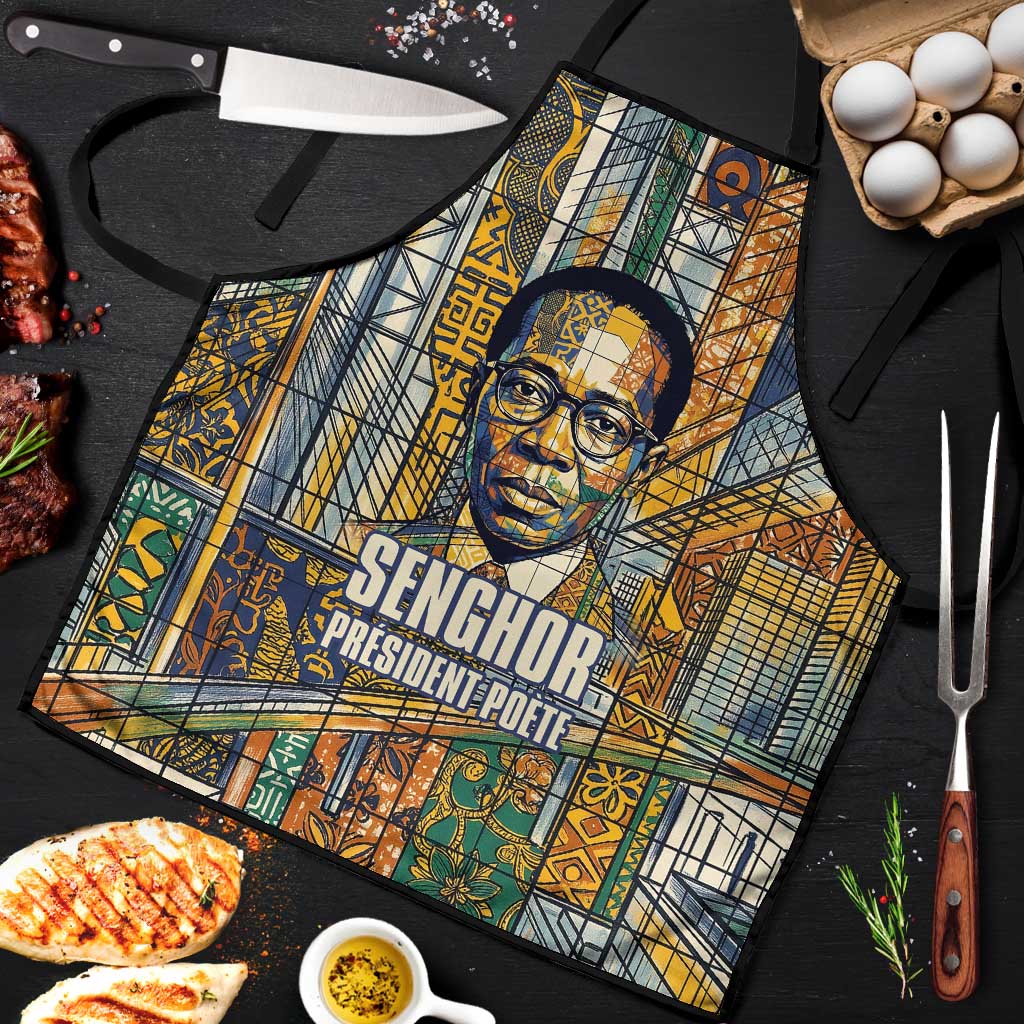 Léopold Sédar Senghor Apron President Poete Portrait Futuristic African Robotic Handshake Earth and Flowers Unity - African Pride