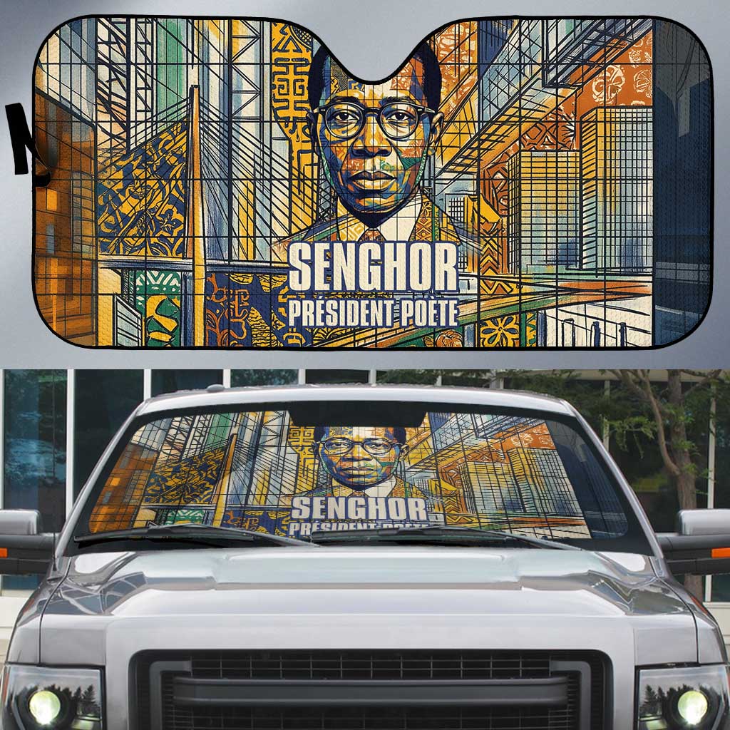 Léopold Sédar Senghor Auto Sun Shade President Poete Portrait Futuristic African Robotic Handshake Earth and Flowers Unity - African Pride