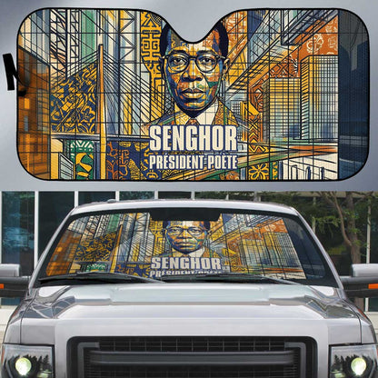 Léopold Sédar Senghor Auto Sun Shade President Poete Portrait Futuristic African Robotic Handshake Earth and Flowers Unity - African Pride