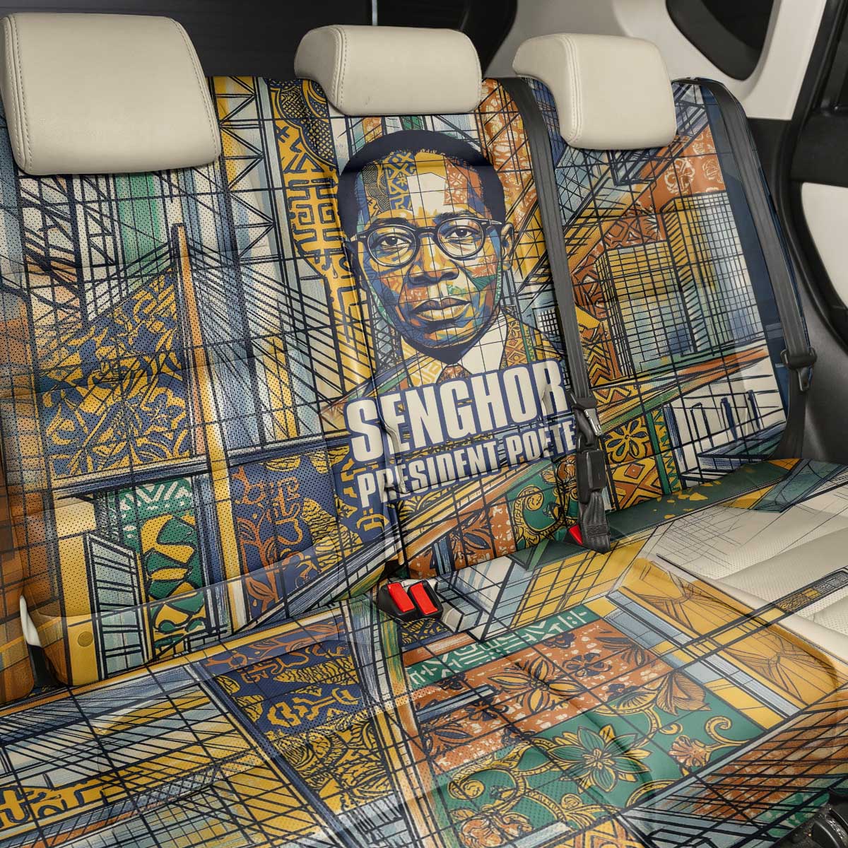 Léopold Sédar Senghor Back Car Seat Cover President Poete Portrait Futuristic African Robotic Handshake Earth and Flowers Unity - African Pride