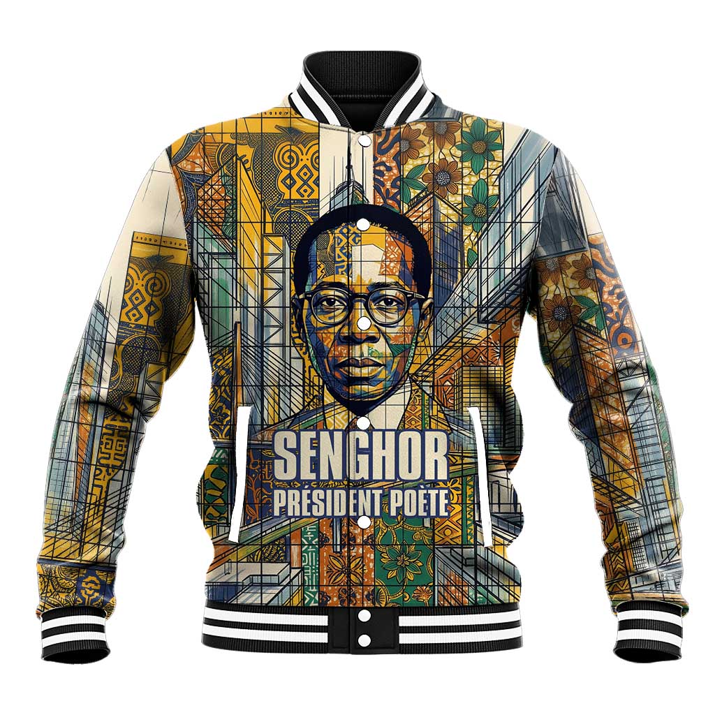 Léopold Sédar Senghor Baseball Jacket President Poete Portrait Futuristic African Robotic Handshake Earth and Flowers Unity - African Pride