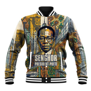 Léopold Sédar Senghor Baseball Jacket President Poete Portrait Futuristic African Robotic Handshake Earth and Flowers Unity - African Pride
