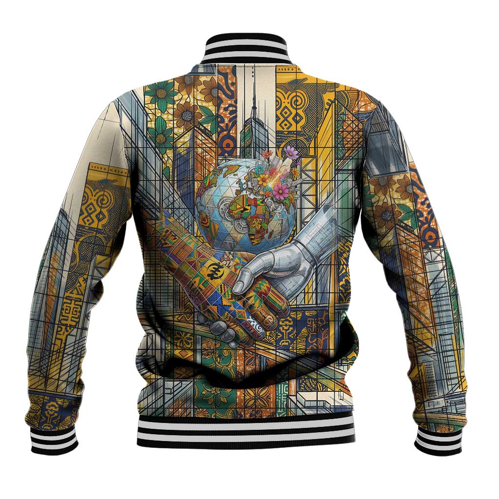 Léopold Sédar Senghor Baseball Jacket President Poete Portrait Futuristic African Robotic Handshake Earth and Flowers Unity - African Pride