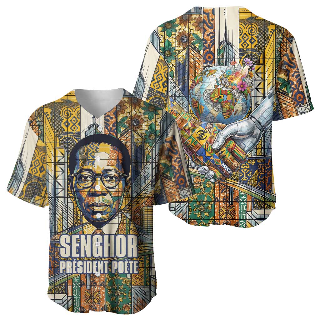 Léopold Sédar Senghor Baseball Jersey President Poete Portrait Futuristic African Robotic Handshake Earth and Flowers Unity - African Pride