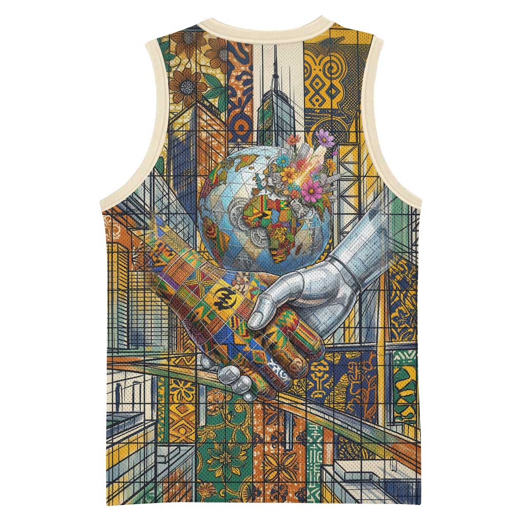 Léopold Sédar Senghor Basketball Jersey President Poete Portrait Futuristic African Robotic Handshake Earth and Flowers Unity - African Pride