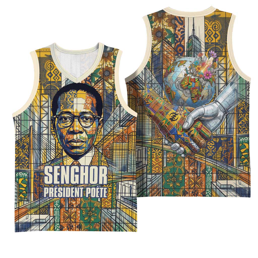 Léopold Sédar Senghor Basketball Jersey President Poete Portrait Futuristic African Robotic Handshake Earth and Flowers Unity - African Pride