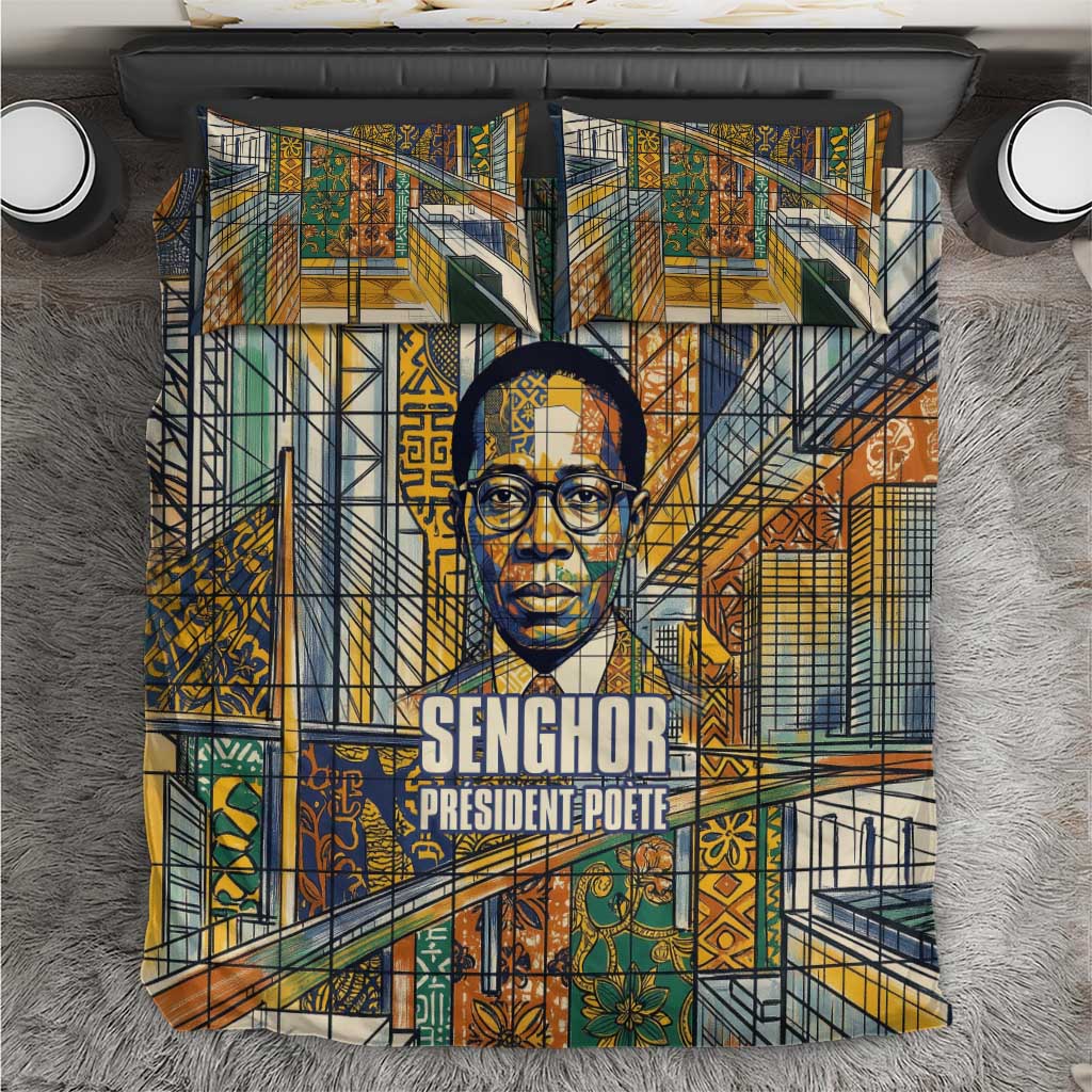 Léopold Sédar Senghor Bedding Set President Poete Portrait Futuristic African Robotic Handshake Earth and Flowers Unity - African Pride