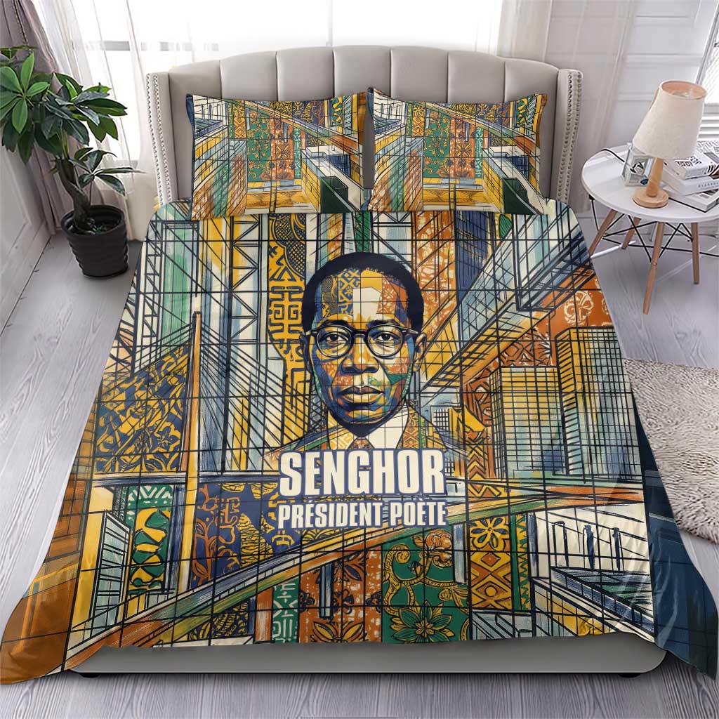Léopold Sédar Senghor Bedding Set President Poete Portrait Futuristic African Robotic Handshake Earth and Flowers Unity - African Pride
