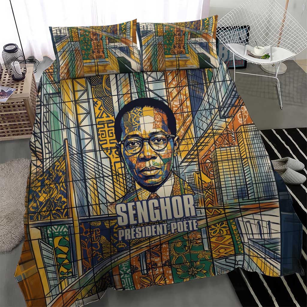 Léopold Sédar Senghor Bedding Set President Poete Portrait Futuristic African Robotic Handshake Earth and Flowers Unity - African Pride